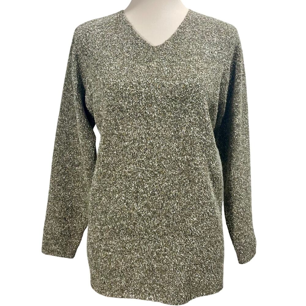 Vintage 1990s Marled Knit V-Neck Green Sweater Cottagecore Womens Size Small